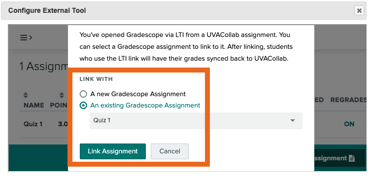 Gradescope screenshot: You've opened Gradescope via LTI from a UVACollab assignment. You can select a Gradescope assignment to link to it. After linking, students who use the LTI link will have their grades synced back to UVACollab. Link with: A new Gradescope Assignment OR An existing Gradescope Assignment