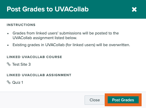 Gradescope screenshot: Post Grades to UVACollab
Instruction
- Grades from linked users' submissions will be posted to the UVACollab assignment listed below.
- Existing grades in UVACollab (for linked users) will be overwritten.