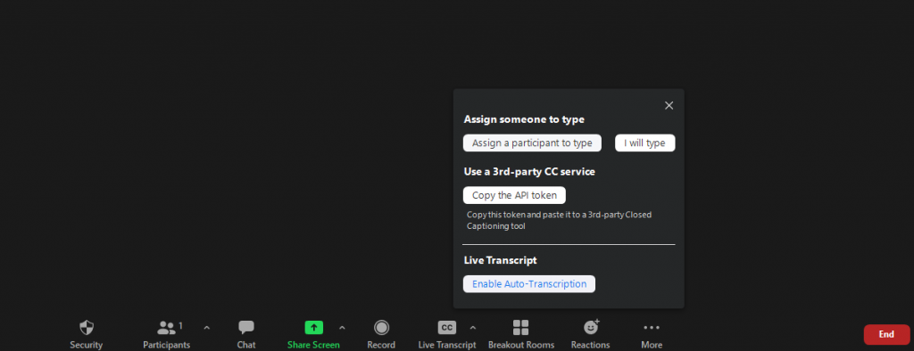 Zoom Live Transcript CC feature
