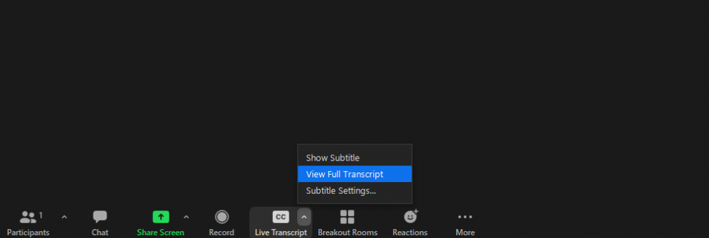 Zoom Live Transcript options. Show Subtitle, View Full Transcript, and Subtitle Settings.