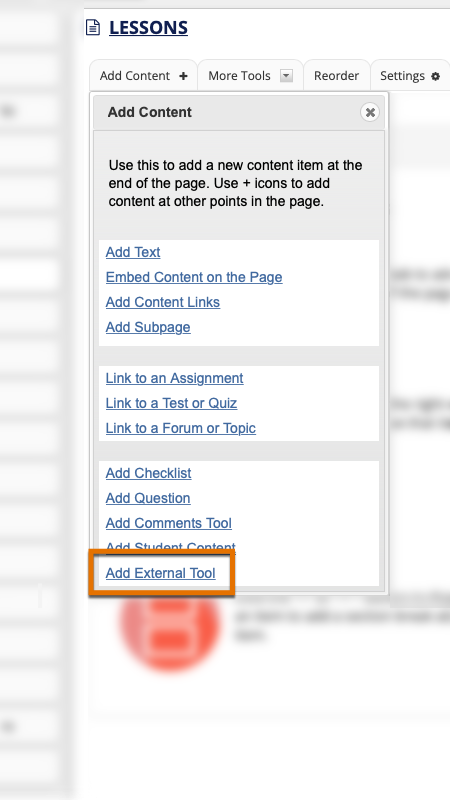 An image of the Add Content menu in the Lessons tool, with the Add External Tool option highlighted. 