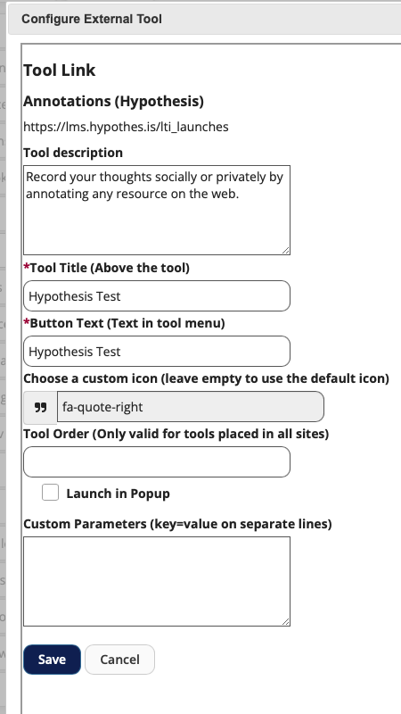 An image of the Configure External Tool page, with text entered in the Tool description, Tool Title, and Button Text fields.