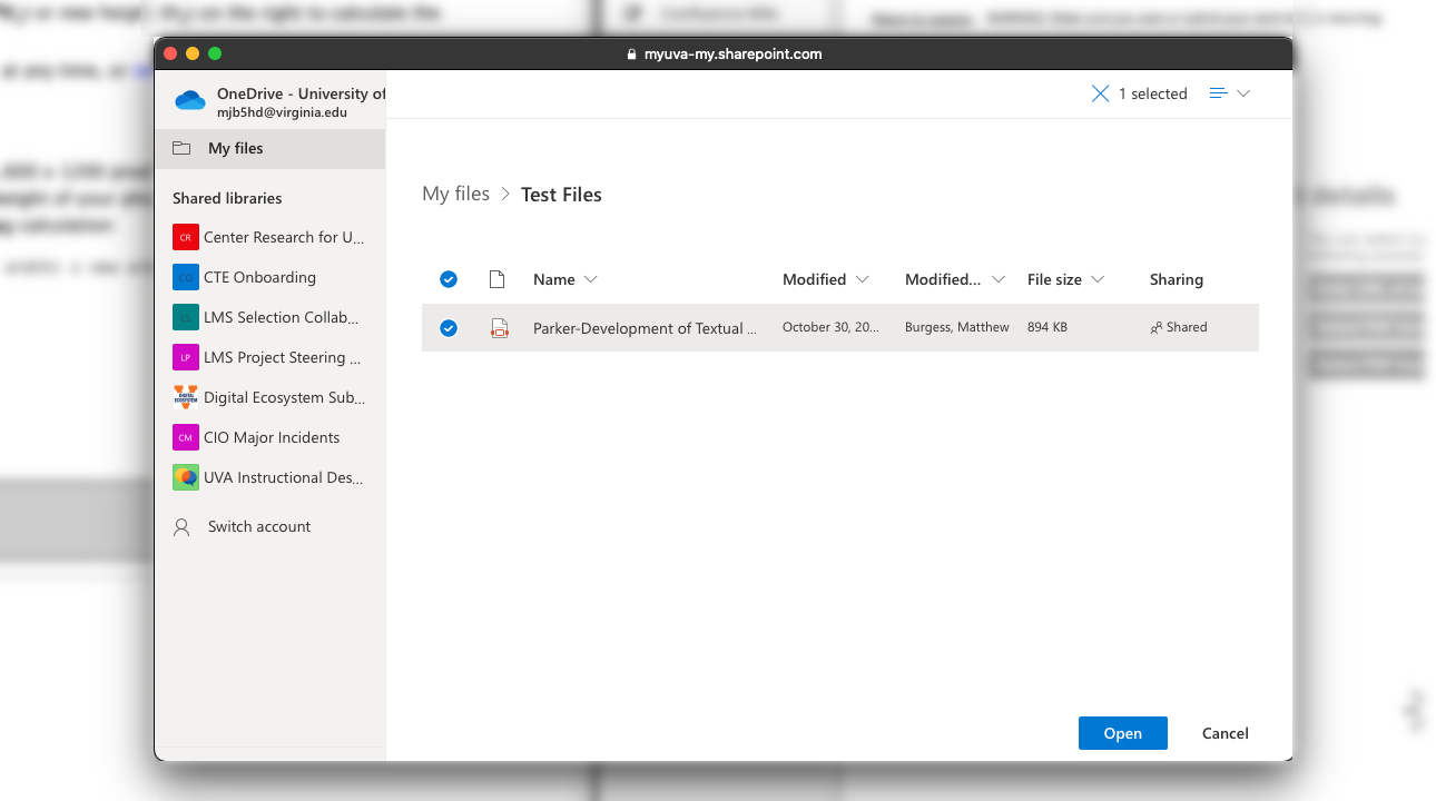 An image of the OneDrive document selection window.