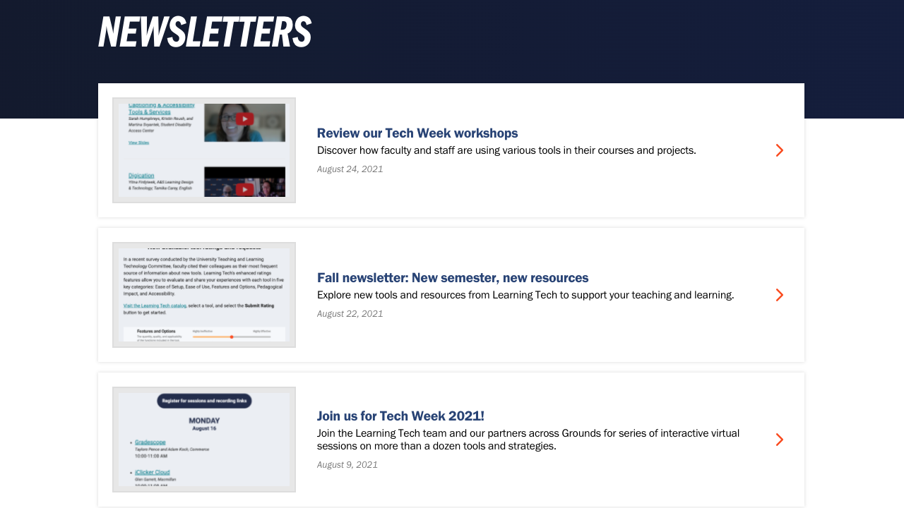 An image of Learning Tech's Newsletter page archiving communications.