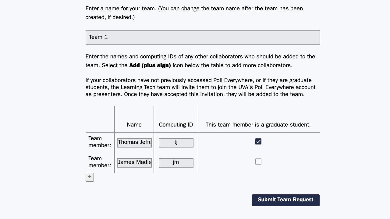 An illustration of the Poll Everywhere teams request form, with collaborators listed in the table.