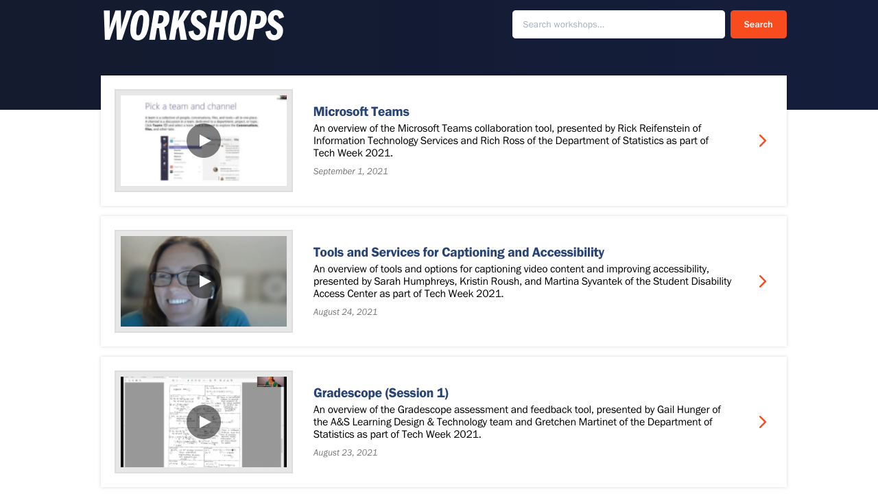 An image of Learning Tech's Workshops page with video recordings.