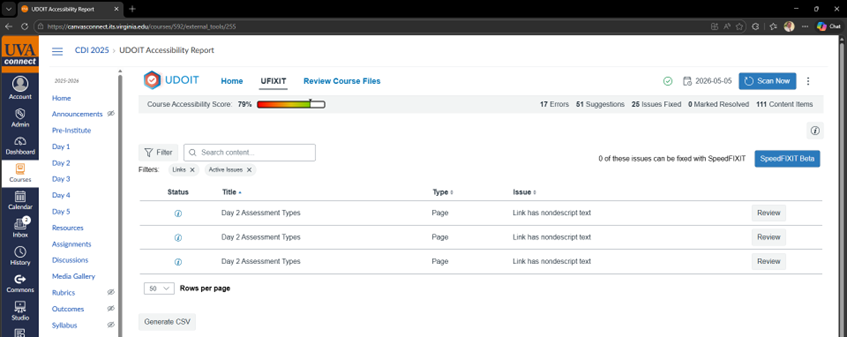 Screenshot of a U-FIX-IT issue list filtered to Active Issues of issue type "Links," showing three instances of nondescript link text. There is a blue information mark icon to the left and a Review button to the right of each listed issue.